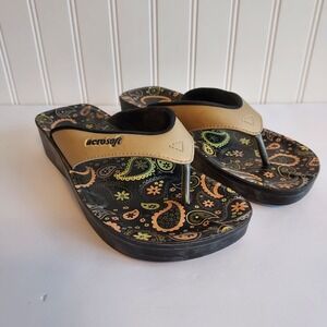 Aerosoft Women's Platform Flip Flop Sandals Tan Paisley Wedge Heel 6 Boho 37